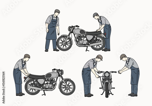 Detailed Line Art Motorcycle Repair and Maintenance Process Illustration