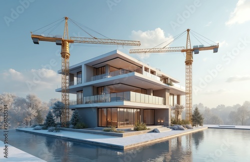 Residential building under construction. Construction cranes. Modern architecture project, building permit concept. Real estate, home development in winter landscape. Concept of property, ownership.