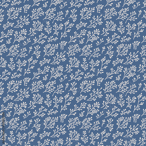 Vector floral seamless pattern. Botanical ornament with simple flower branches, twigs, small leaves, seaweeds, corals. Minimal organic background texture. Blue and beige color. Repeat design for decor