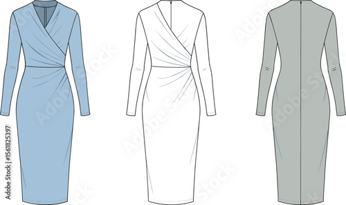 Elegant technical fashion flat of wrap midi dress with long sleeves, bodycon fit, back zipper detail, vector garment sketch

  flat vector illustration