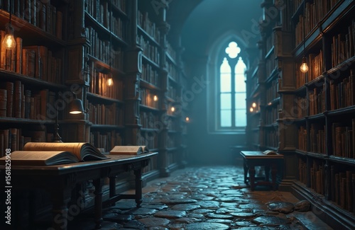 Mystical library interior. Countless books illuminate by aethereal light. Open books lie on tables. Ancient gothic architecture, long corridor, vintage atmosphere. Concept of learning, education,