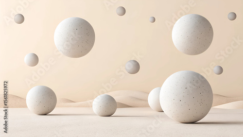 Minimalist Abstract Scene with Floating Spheres Over Beige Landscape in 3D Style.