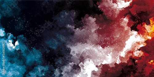 A purple and black backdrop with abundant smoke rising from both the top and bottom corners. abstract vintage randomly painted canvas, fabric with color paint spots and blots texture for design	
