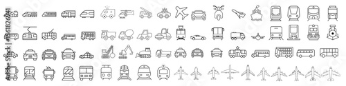 Transport icon vector set. Transportation illustration sign collection. Public transport symbol. Taxi web icons. Сontains ambulance, helicopter, airplane, fire truck and others.