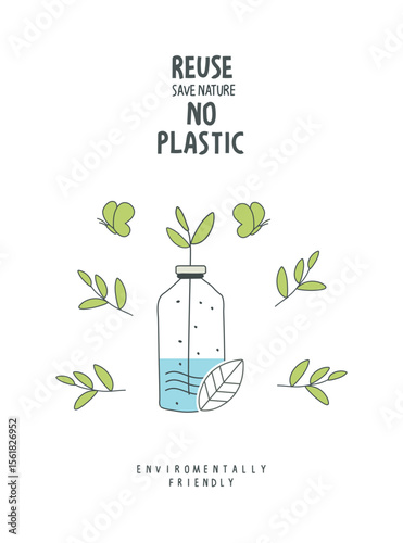 Vector Hand drawn cartoon sketch of reuse plastic bottle. Sustainable lifestyle. Plastic free ecological poster. Zero waste Concept