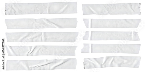 Collection of White Masking Tape Strips with Torn Edges on a White Background