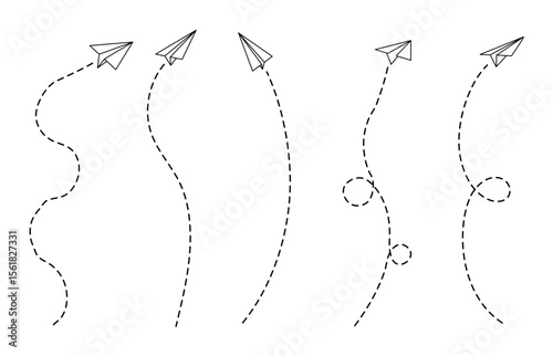 Paper plane and line set with path for flight or fly in the air by vector design. Outline airplane or jet craft shown as aero track or toy art. Simple concept illustration.