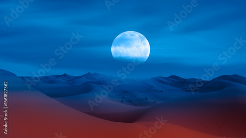 Fototapeta Naklejka Na Ścianę i Meble -  Beautiful sand dunes in the Sahara desert at sunrise with super full moon - Sahara, Morocco 
