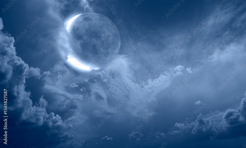 Fototapeta premium Night sky with full bright crescent moon in the clouds 