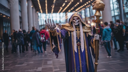 Anime cosplayer in skeleton magician costume posing at a convention