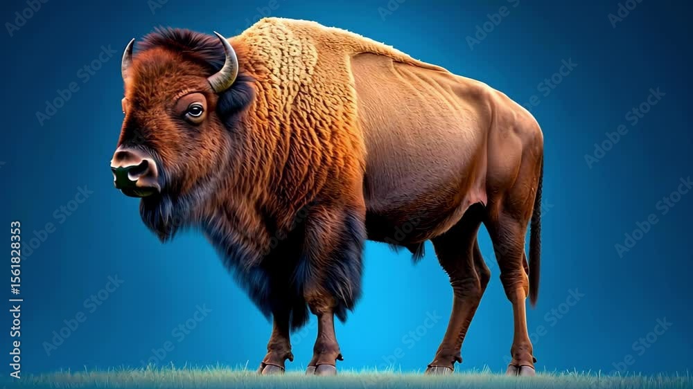 A buffalo stands on grass with a blue gradient background, showcasing its thick fur and strong build.