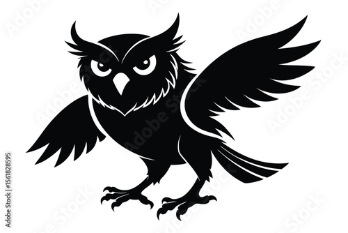 A majestic black owl icon with wings spread depicted in a vector illustration style