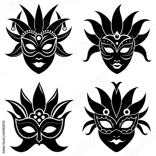 Collection of four black and white venetian carnival masks with feather and decorative elements design