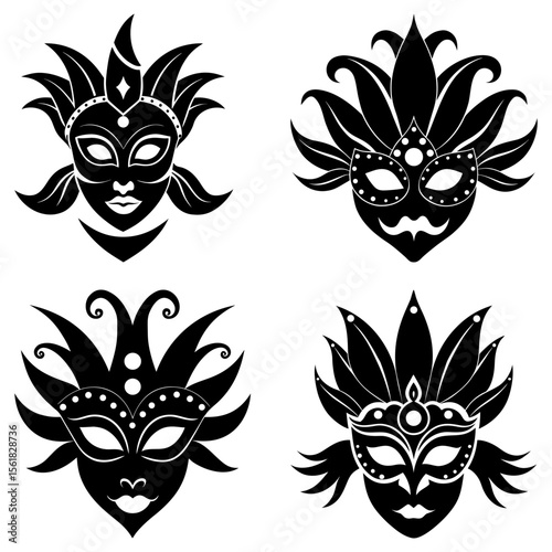 Four black silhouette venetian carnival masks with feathers and decorative elements on a white background