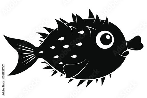 Black and white cartoon illustration of a playful puffer fish isolated design element on white