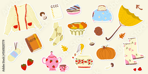 Set of autumn stickers. Cute fall elements for scrapbooking. Knitting socks, teapot with tea and cup, rubber boots, tikva, cookies, book, ball of thread. Flat vector collection on white background