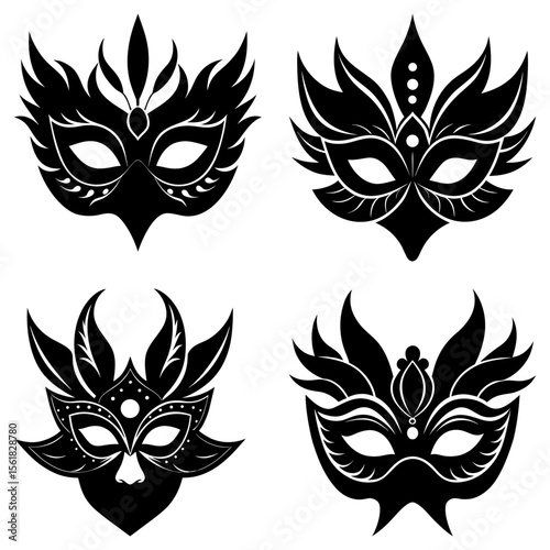 Four stylized black masquerade masks with feather and jewel accents arranged on a white background