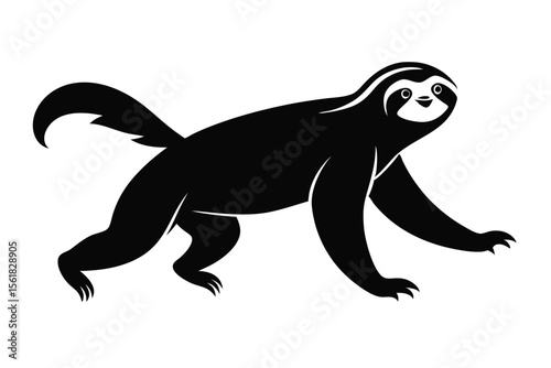 Black and white silhouette of a sloth in motion with transparent background for versatile design applications