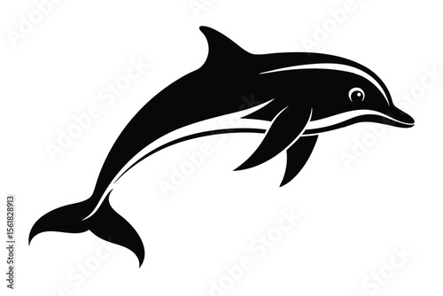 Black and white stylized vector illustration of a jumping dolphin demonstrating elegance and grace