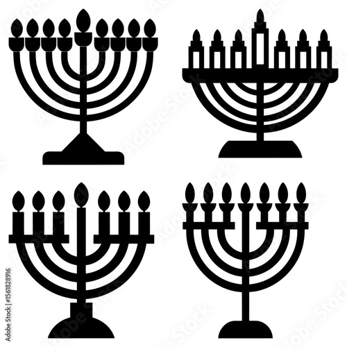 Four black menorah illustrations with varying designs and candle arrangements on a white background image