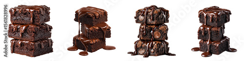 Set of three complete chocolate brownies stacked on top, isolated on a transparent background.