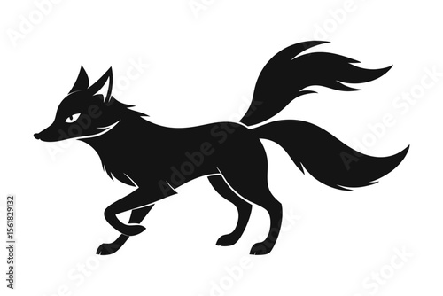 Black silhouette of a fox with bushy tails in motion on a white background clean vector art