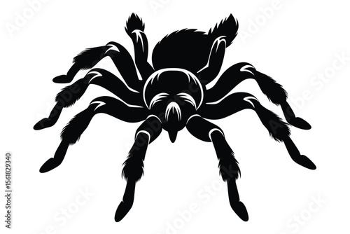 Bold silhouette of a tarantula spider isolated in black and white suitable for various design applications