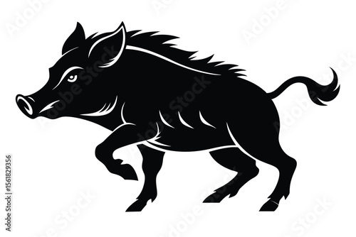 Bold silhouette of a wild boar running in a dynamic pose against a white backdrop
