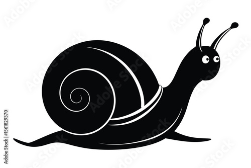 Cartoon snail illustration in black and white showing a playful mollusk with transparent background