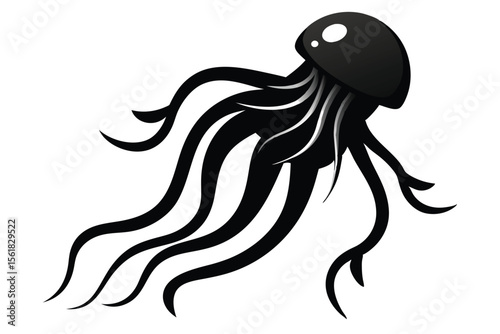 Elegant black and white jellyfish illustration with dynamic tentacles against a transparent background
