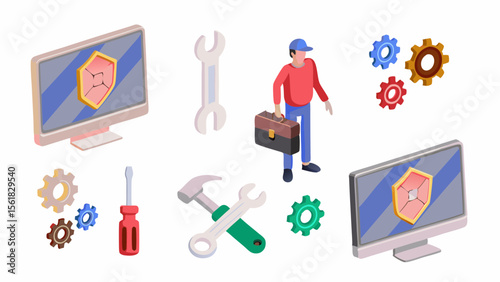 Computer repair technician with tools and broken shield on monitor isolated on white background