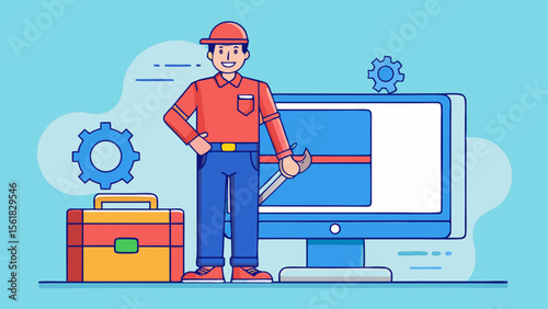 Computer repair technician with tools and equipment isolated on background