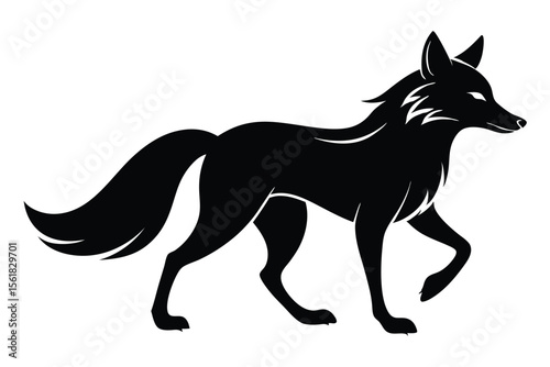 Elegant black fox silhouette walking with confidence against a clean white background
