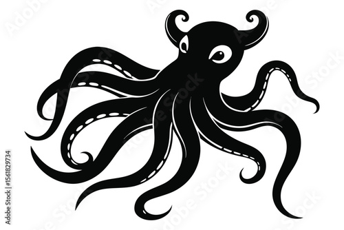 Elegant black octopus illustration featuring detailed tentacles and whimsical eye design on white background
