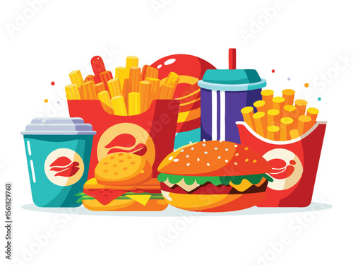 Colorful fast food meal with burgers french fries and drinks isolated on white background
