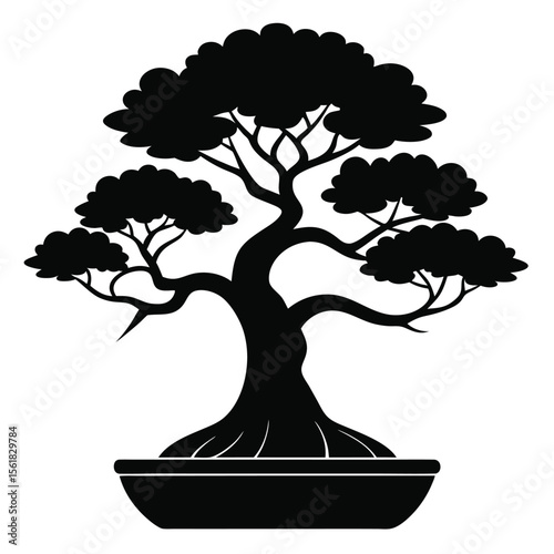 Elegant black silhouette of a bonsai tree in a pot, japanese minimalist illustration