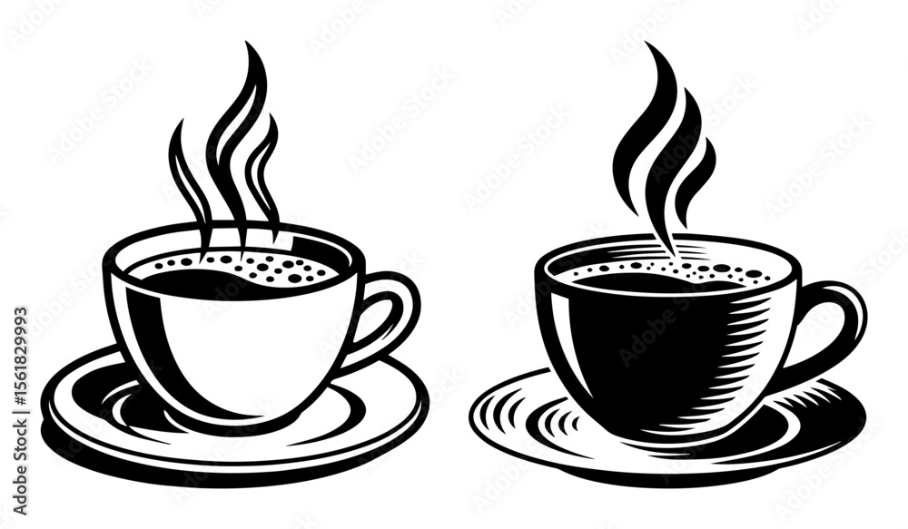 Obraz premium Two steaming coffee cups on matching saucers, inviting hot beverage moment in stylish black-and-white vector illustration