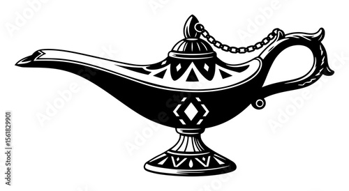 black and white vector of a decorative magic lamp, fantasy and fairytale themed illustration