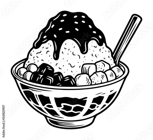 vector illustration of a bowl with ice dessert and toppings, sweet food in black and white