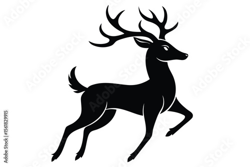Elegant black silhouette of a reindeer with majestic antlers running on a white background