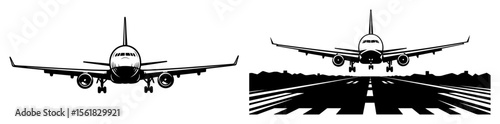 Commercial jetliner landing in straight-on runway approach, wheels down and lights aglow, dramatic aviation front view in black-and-white vector