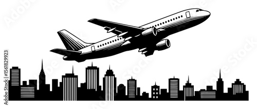 Commercial passenger jet climbing over modern city skyline, powerful air-travel symbol in crisp black-and-white vector illustration