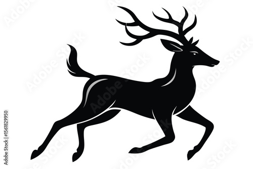 Elegant black silhouette of a running stag depicting grace and freedom with its majestic antlers