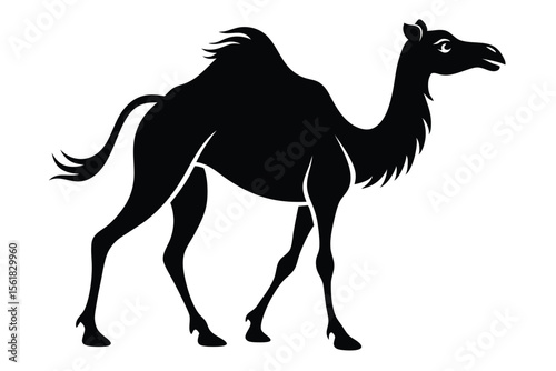 Elegant black silhouette of a walking camel isolated on white background for versatile design purposes