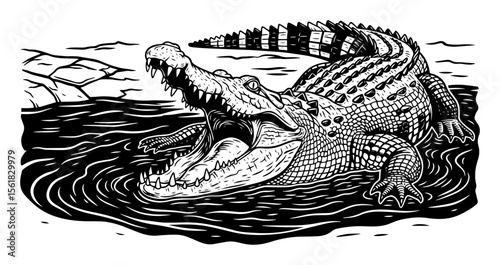 Powerful crocodile lunging from swamp water with gaping jaws and sharp teeth, intense wildlife scene in black-and-white vector