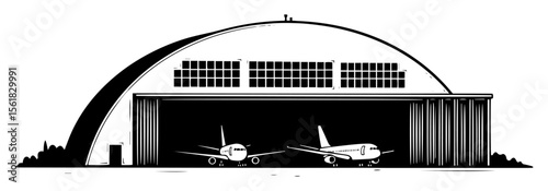 aircraft hangar with planes black and white vector