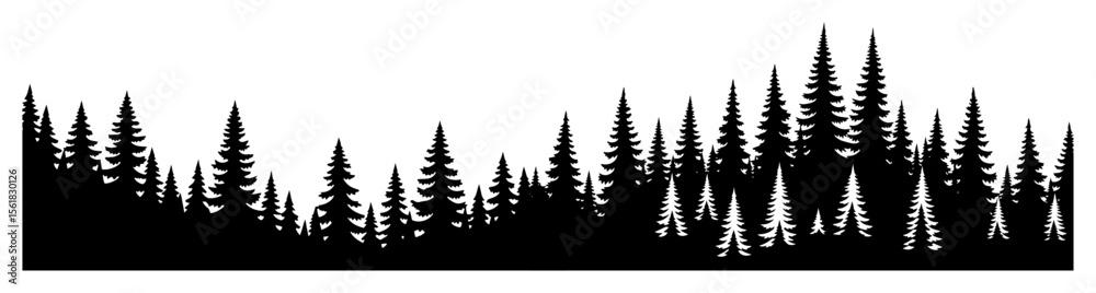 Obraz premium Seamless panorama of dense pine-spruce treeline silhouette, versatile evergreen forest border in crisp black-and-white vector style