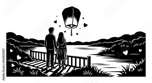 Young couple standing on wooden footbridge releasing heart sky lantern over tranquil lake at sunset, romantic gesture captured in black-and-white vector