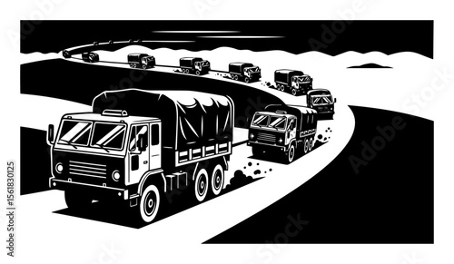Convoy of covered army trucks speeding along winding dirt road, dynamic military logistics scene depicted as black-and-white vector illustration