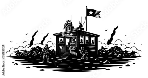Field command post cabin with flag and radio operator coordinating frontline soldiers amid drifting smoke, detailed military scene in black-and-white vector illustration